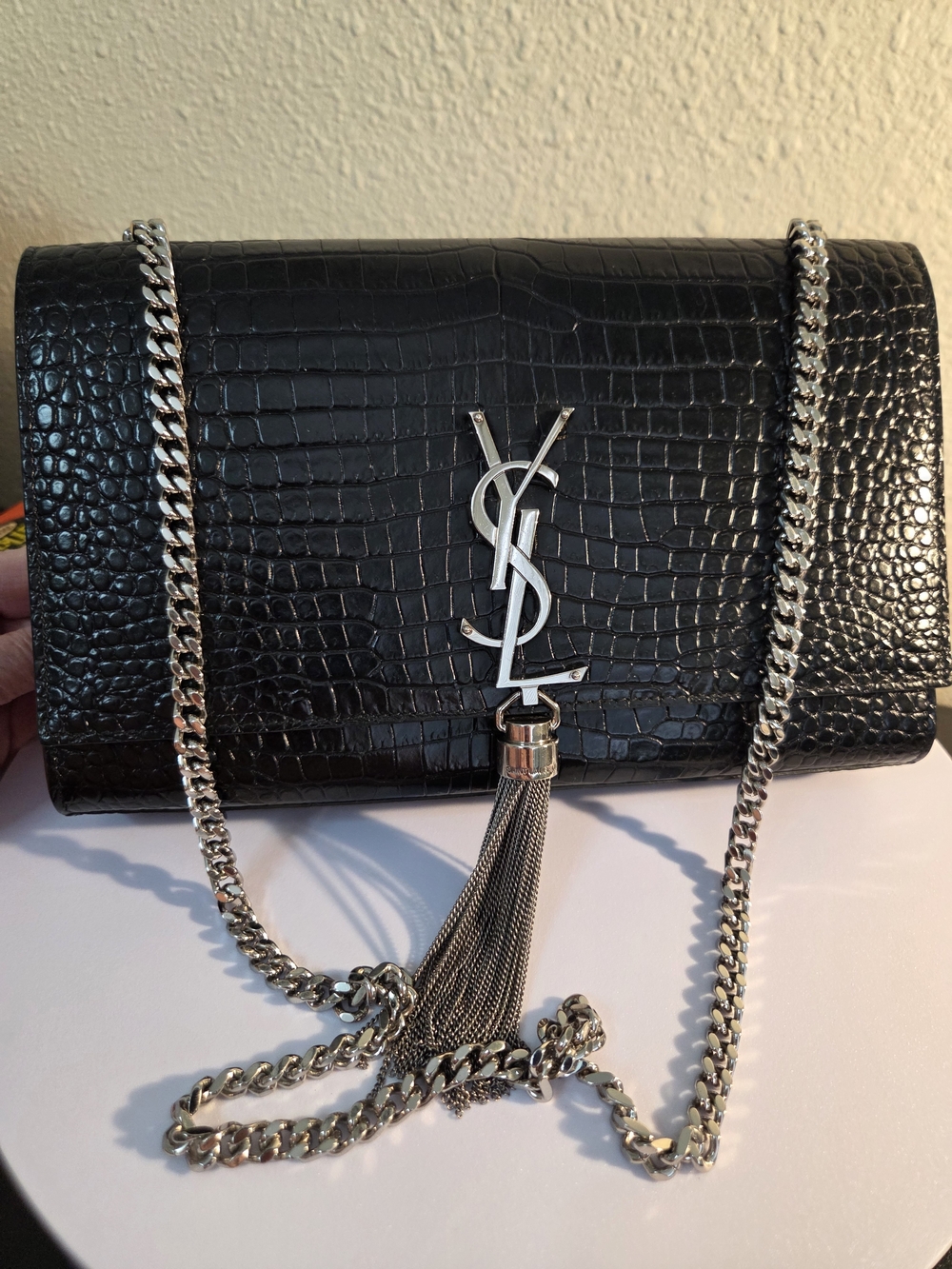Saint Laurent Kate Medium Black Crocodile-Embossed Tassel Chain Shoulder Bag EUC